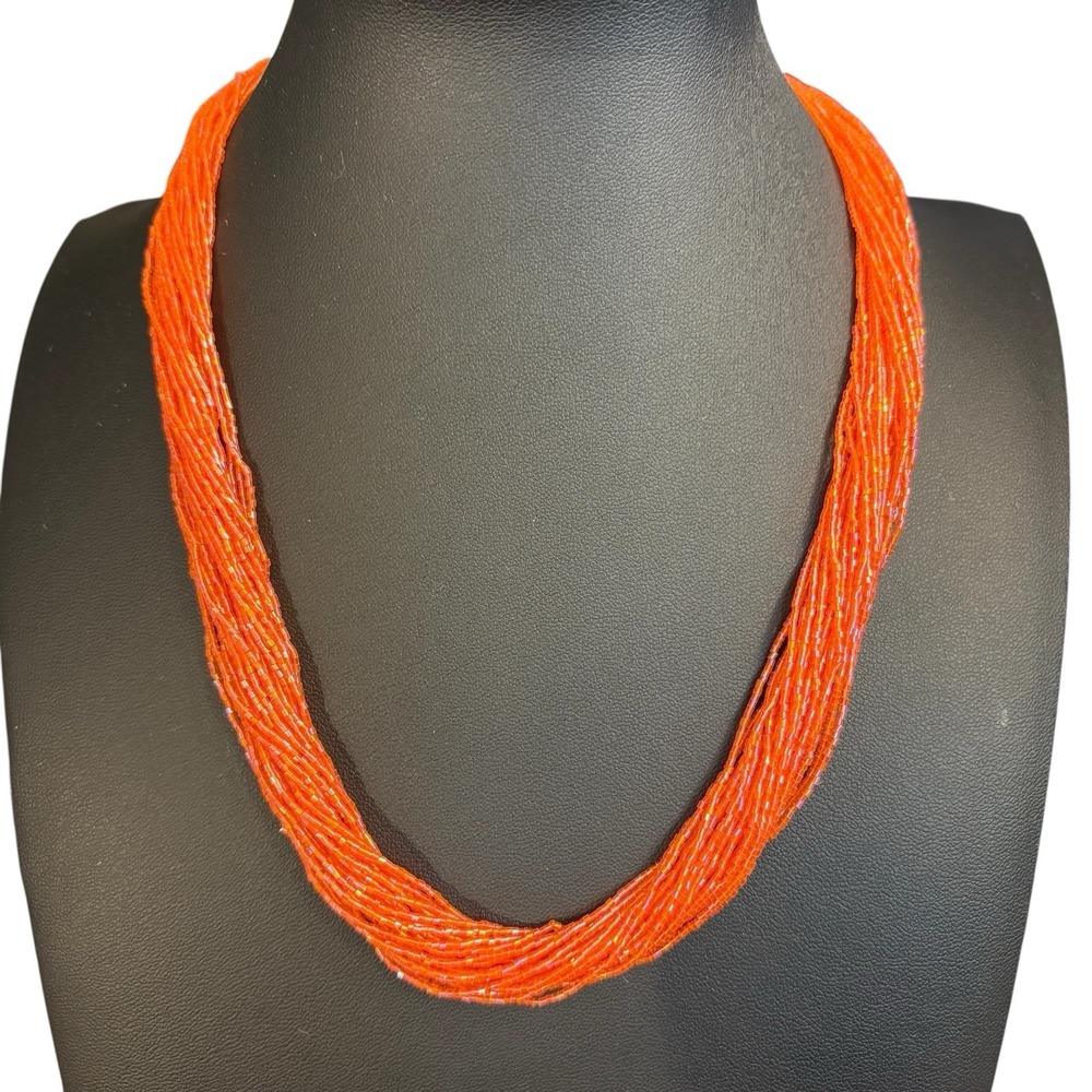 Bright Orange Necklace‎ Glass Seed Bead Vintage Multi Strand Czech Collar 19"